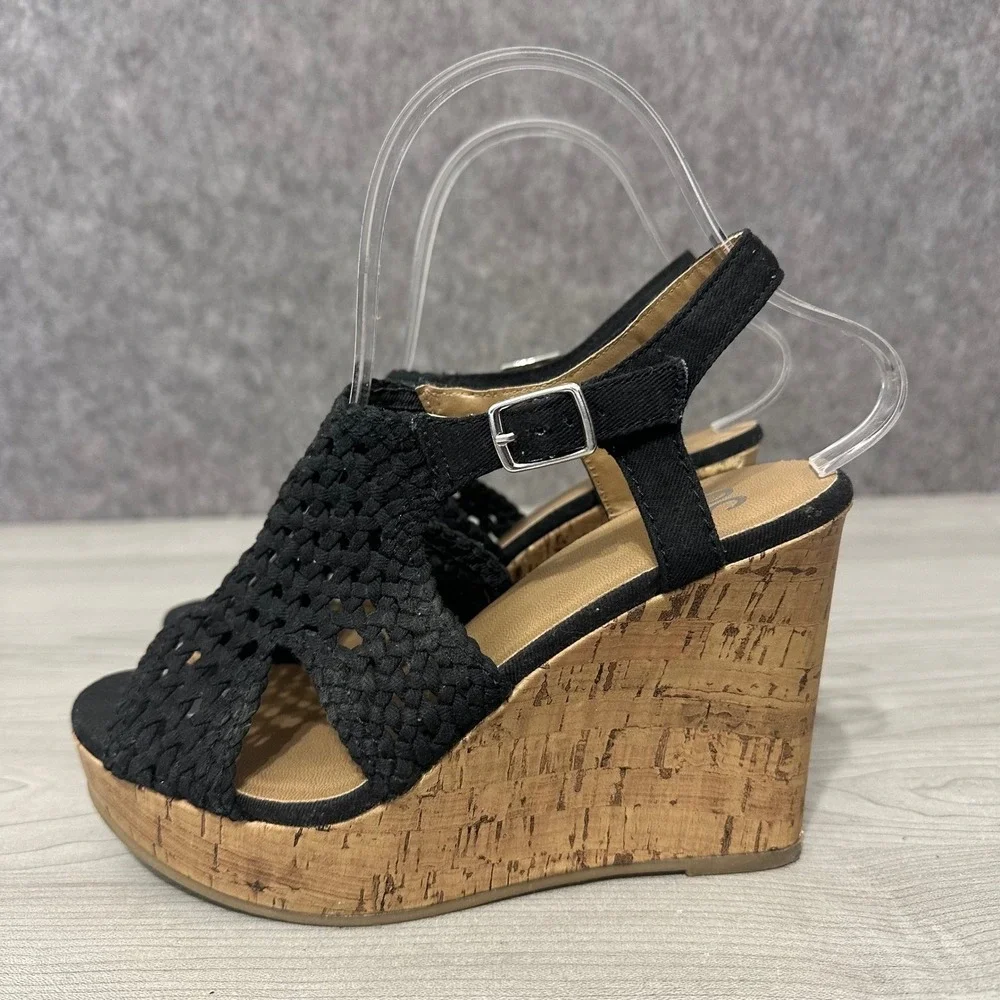 SO Taffy Womens Wedge Sandals Black Woven Upper Cork Platform Heel Size‎ 6.5 M